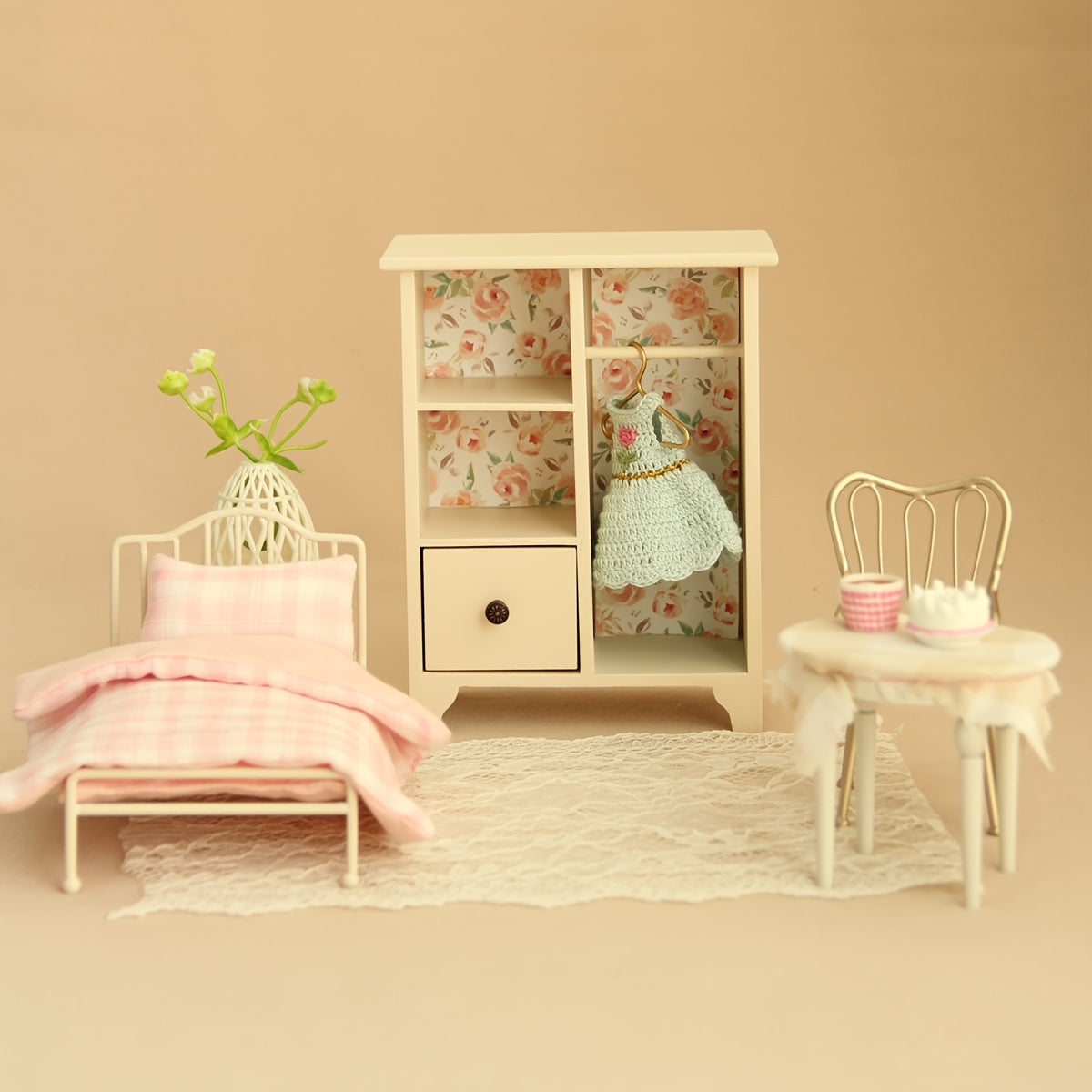 1:12 Scale French Wooden Wardrobe Display BJD Scene Ornament with Stickers