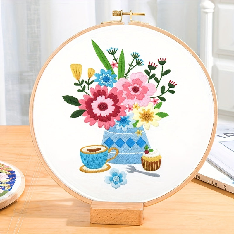 DIY Flower Embroidery Kit w/ Wrapping Paper Cloth & Hoop Threads - 2pcs