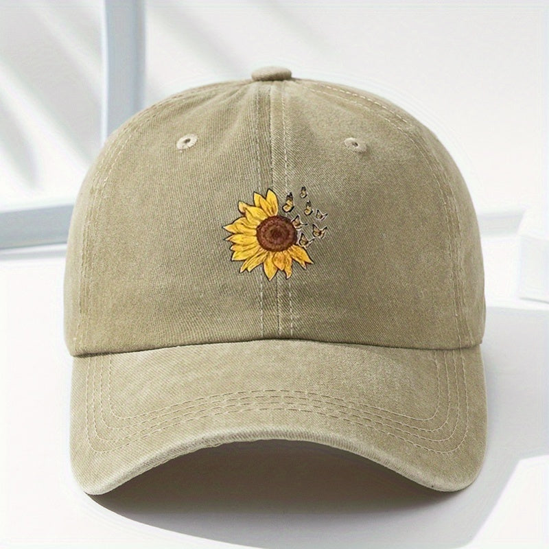 Sunflower Print Washed Baseball Cap Vintage Distressed Dad Hats