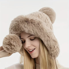 Winter Warm Hat W/ Earflap & Balls Knitted Hat, Fluffy Hats For Women