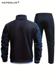 Men's Sports Suit Classic Stand Collar Jacket & Stretch Waist Pants