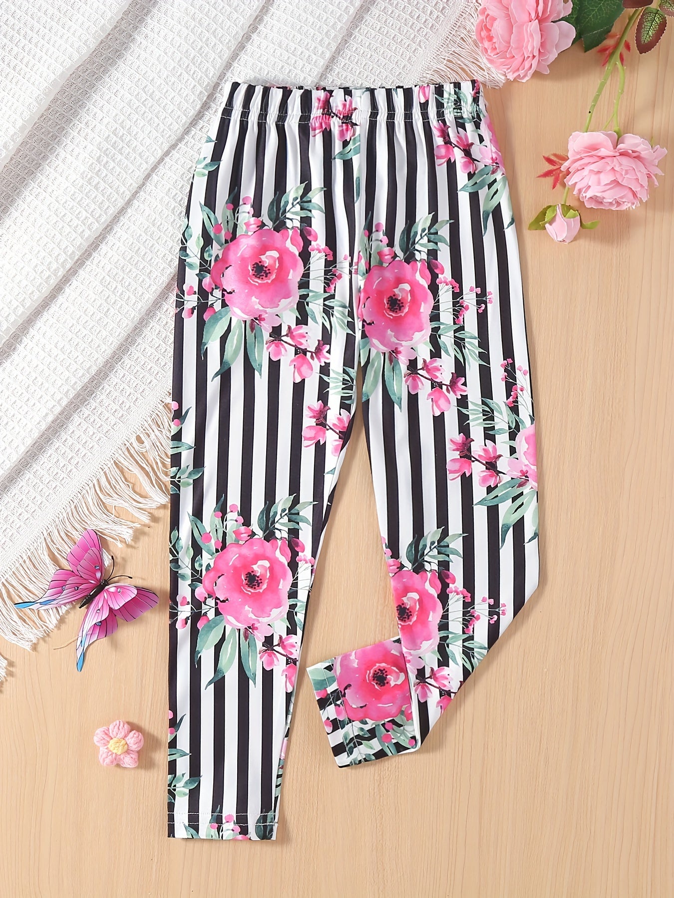 Girls' Floral Stripe Print Casual Pants Leggings Ankle Length