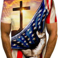 Men's American Flag & Cross Graphic T-shirt - Casual Stretch Tee