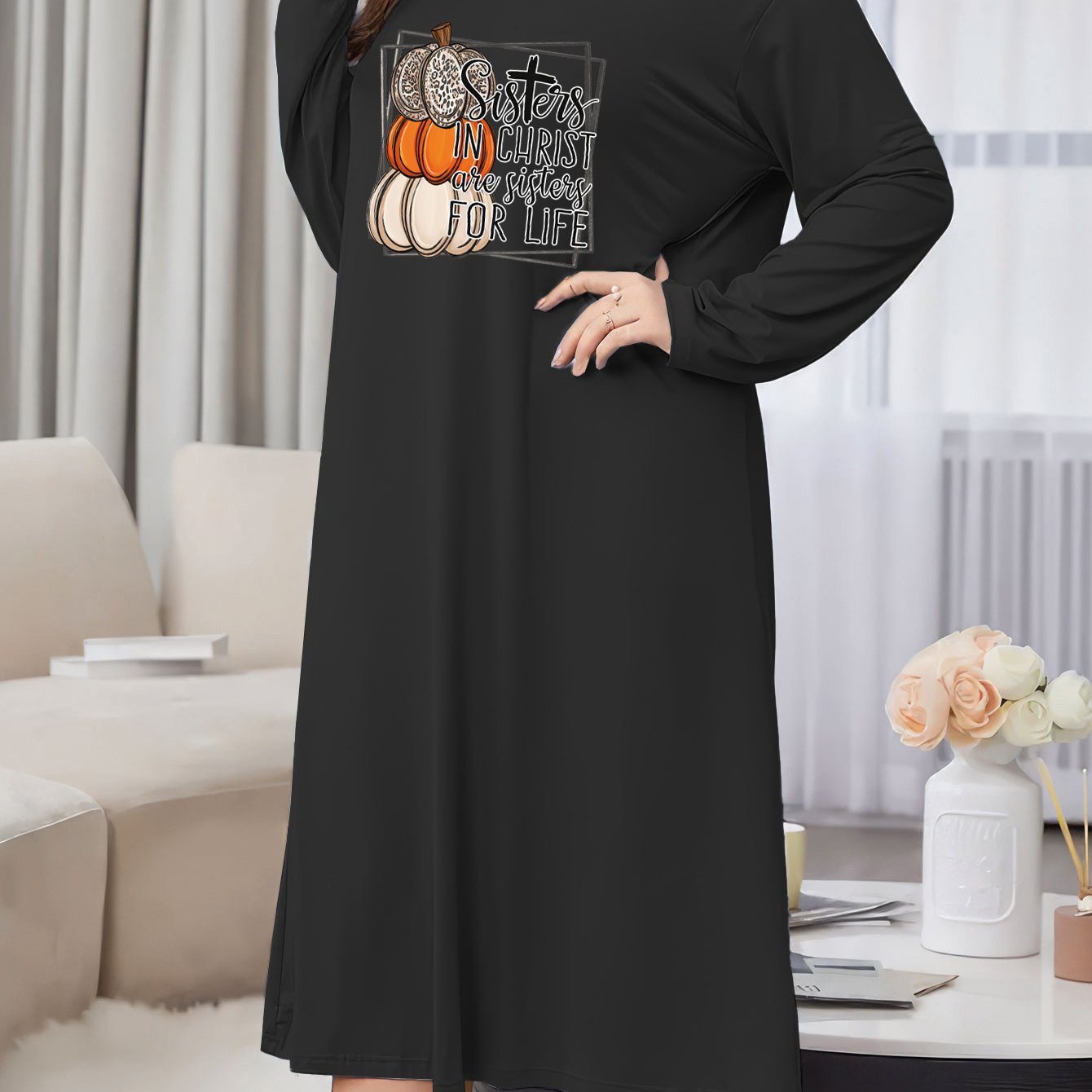 Pumpkin & Letter Print Long Sleeve Crew Neck Casual Lounge Dress