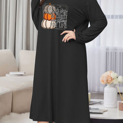 Pumpkin & Letter Print Long Sleeve Crew Neck Casual Lounge Dress