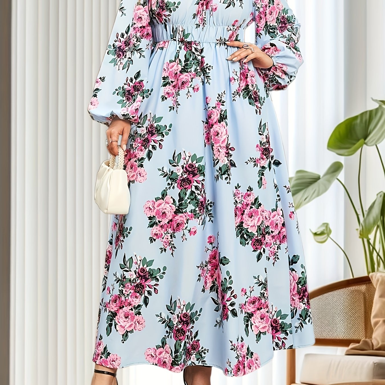 Floral Lantern Sleeve Maxi Dress Nipped Waist