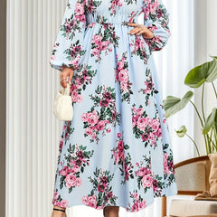 Floral Lantern Sleeve Maxi Dress Nipped Waist