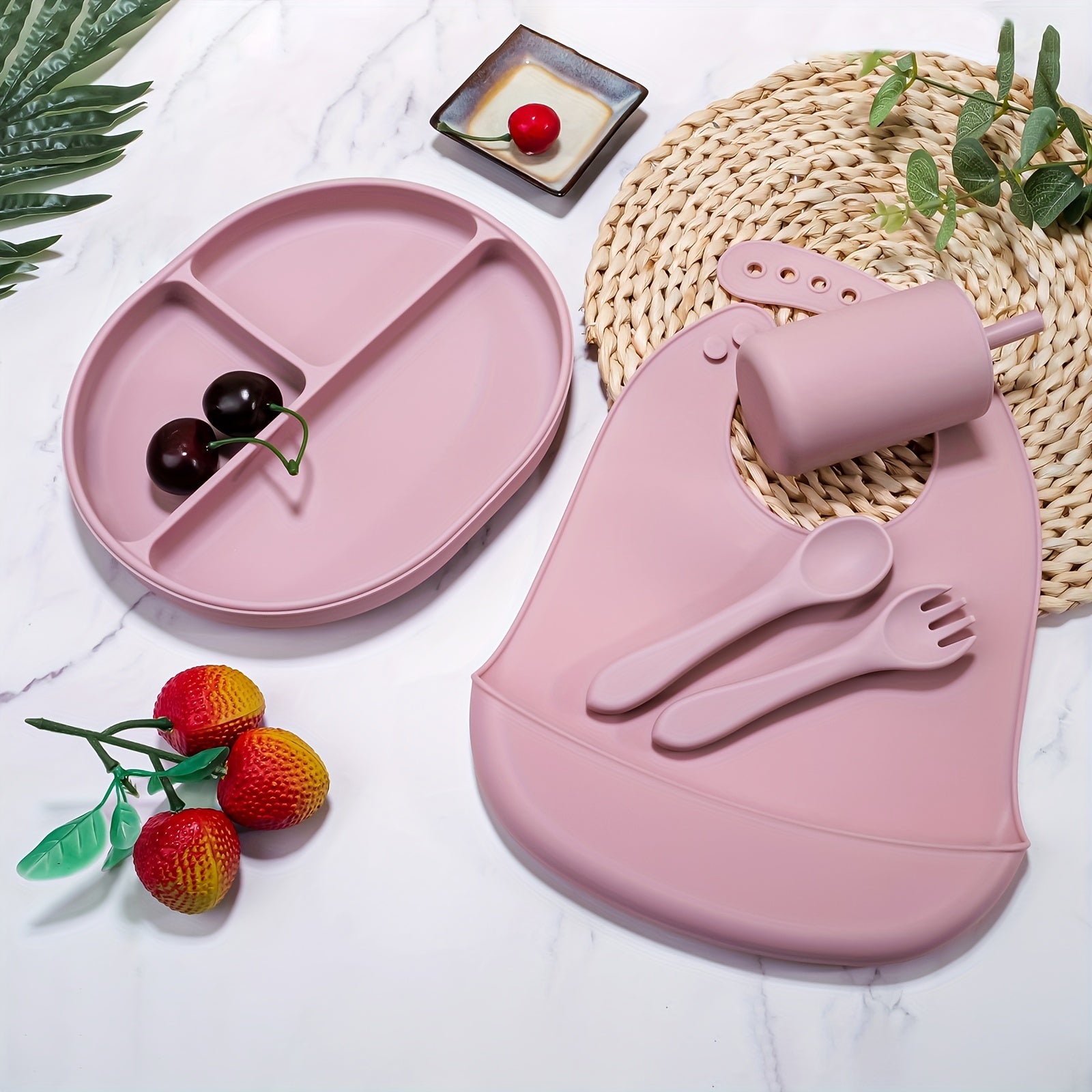 Silicone Toddler Eating Set: Cutlery, Bib, Spoon, Fork, Water Cup