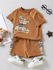 Plaid Bear Embroidery T shirt & Shorts Baby 2pcs Set Clothes