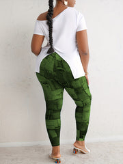 Denim Slogan Print One Shoulder Split Tee & Cut Out Leggings Set