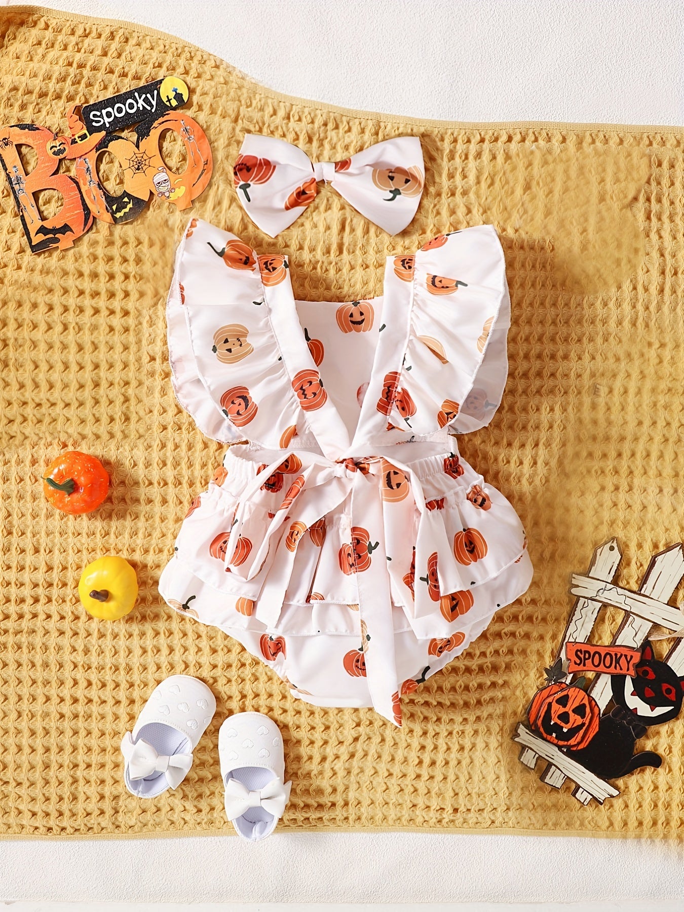 Baby Girls Halloween Pumpkin Print Bodysuit & Headwear Set