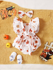 Baby Girls Halloween Pumpkin Print Bodysuit & Headwear Set