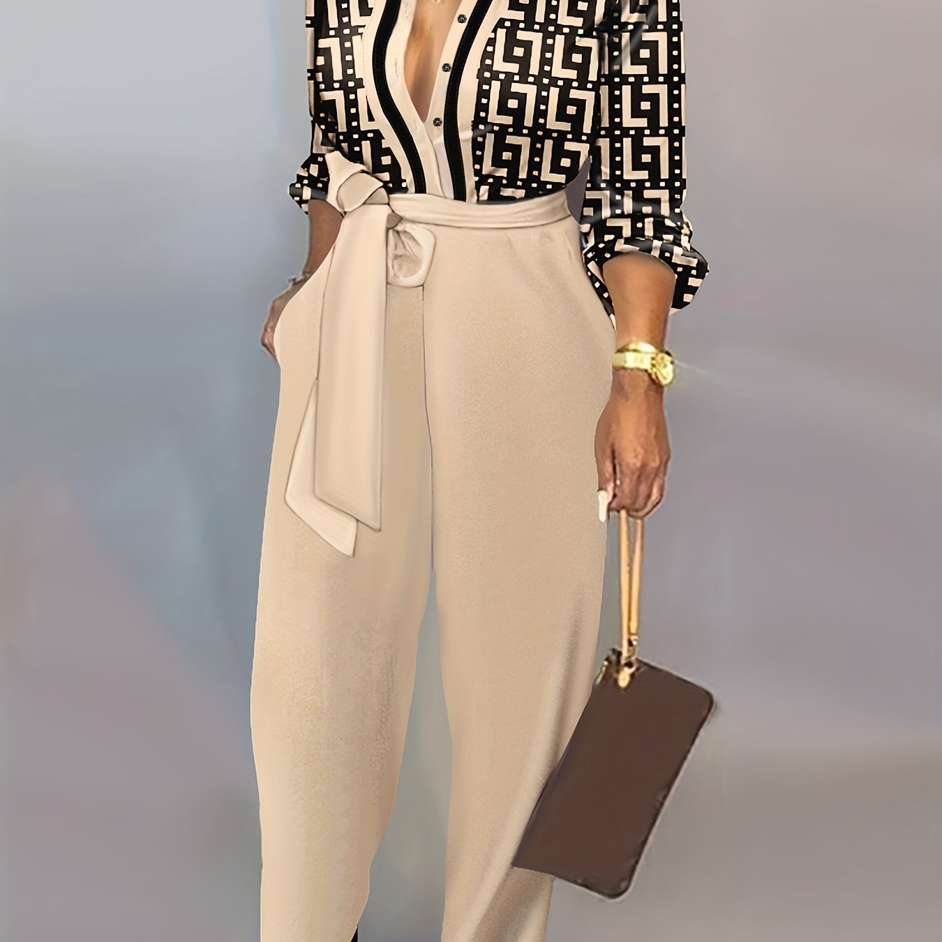 Geometric Print Wide Leg Jumpsuit Lace Up Long Sleeve