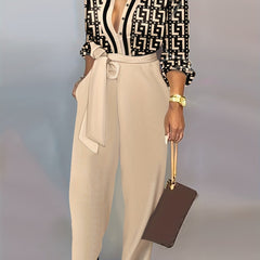 Geometric Print Wide Leg Jumpsuit Lace Up Long Sleeve