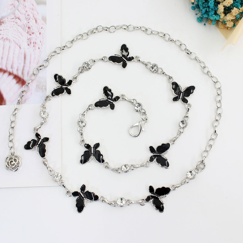 Women's Butterfly Rhinestone Decorative Metal Waist Chain