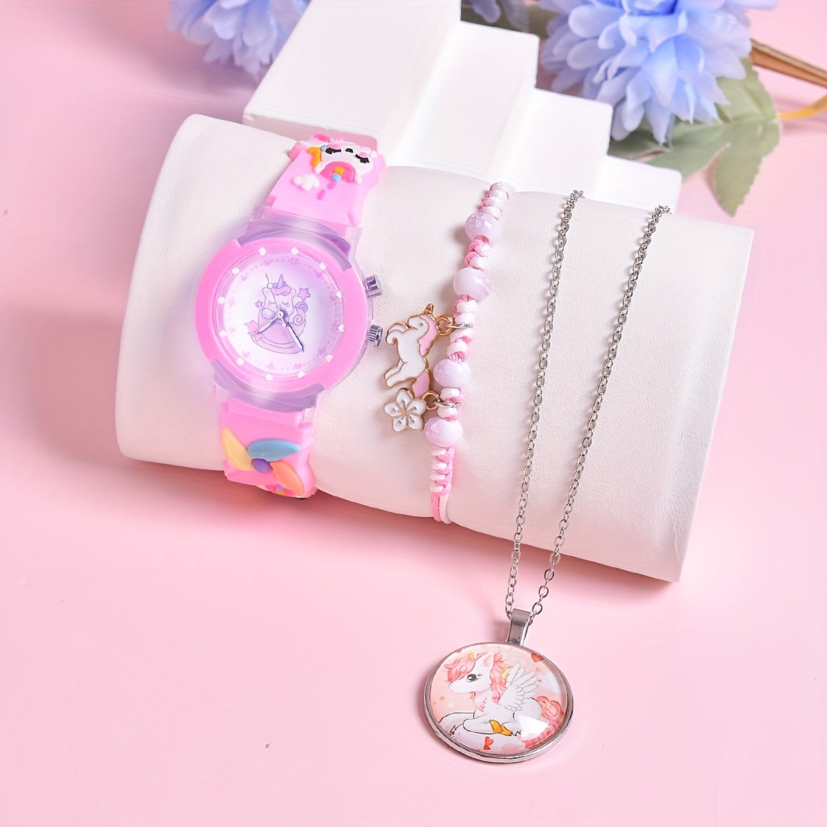 3Pcs Set 3D Silicone Strap Teacup Pony Girls' Quartz Watch