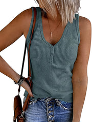 Ribbed Button Tank Top Casual Sleeveless V Neck Tank Top