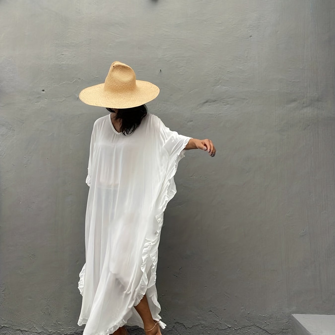 Ruffle Trim Bat Sleeve Cover Up Dress