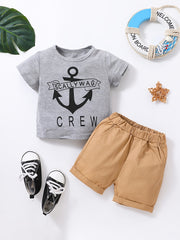 2pcs Boys Anchor & Letter Print Tee Top & Shorts Set Kids Summer Clothes