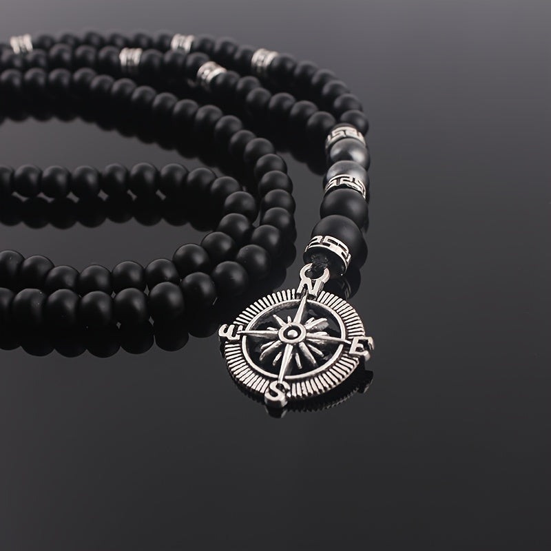 Vintage Natural Stone Beaded Necklace with Compass Pendant for Men