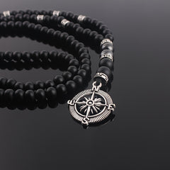 Vintage Natural Stone Beaded Necklace with Compass Pendant for Men