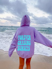 Sunset Print Hoodie Long Sleeve Drawstring Casual Sweatshirt Women