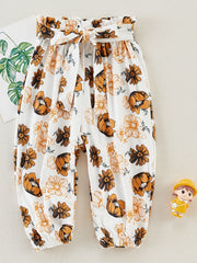 Girls Floral Print Trousers Ruffles Belted Pants Summer Clothes