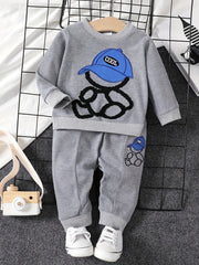 Baby Boys Cartoon Graphic Casual Set Pullover Top & Pants 2pcs Outfit