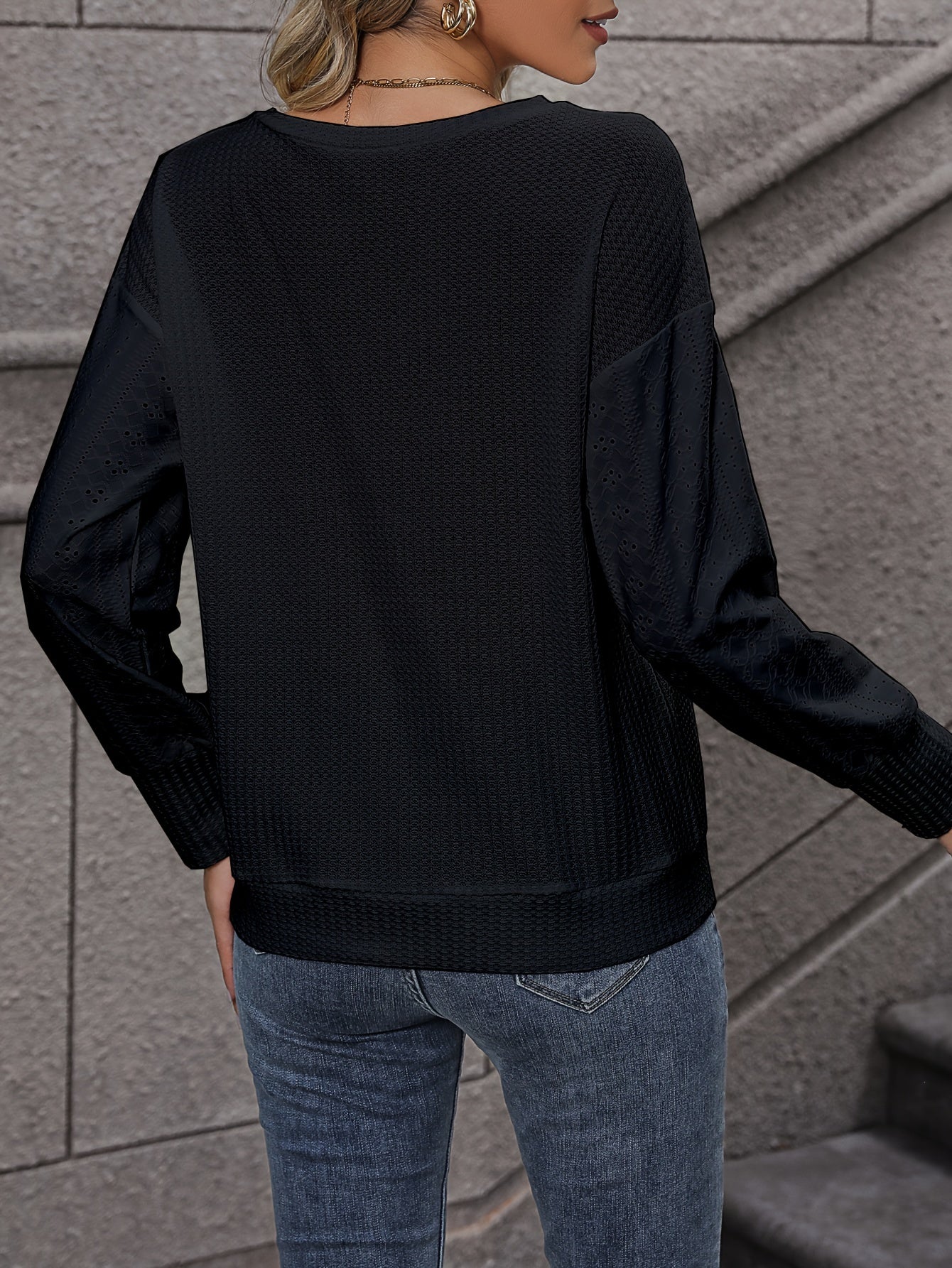 Solid V Neck Sweatshirt Eyelet Sleeve Spring Fall Women's Clothing