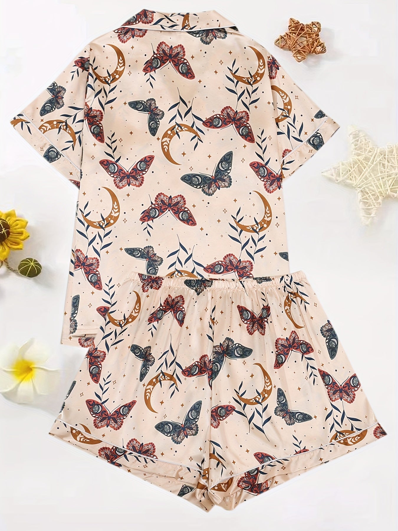 Butterfly Print Pajama Set Short Sleeve Button Up Shirt & Shorts