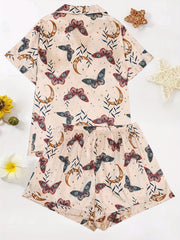 Butterfly Print Pajama Set Short Sleeve Button Up Shirt & Shorts