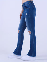 Ripped Button Fly Fringe Trim Jeans