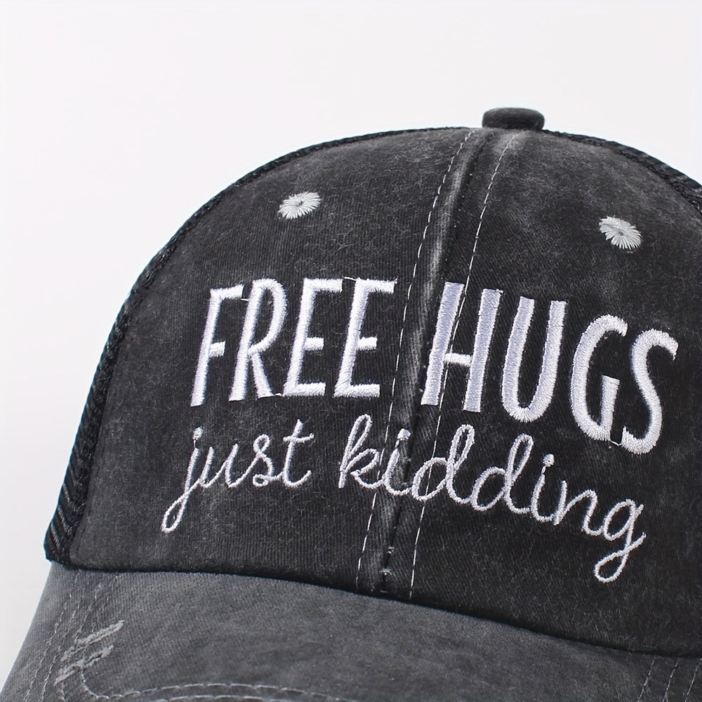 Ripped Ponytail Trucker Hat Hugs Embroidery Mesh Breathable Baseball Cap