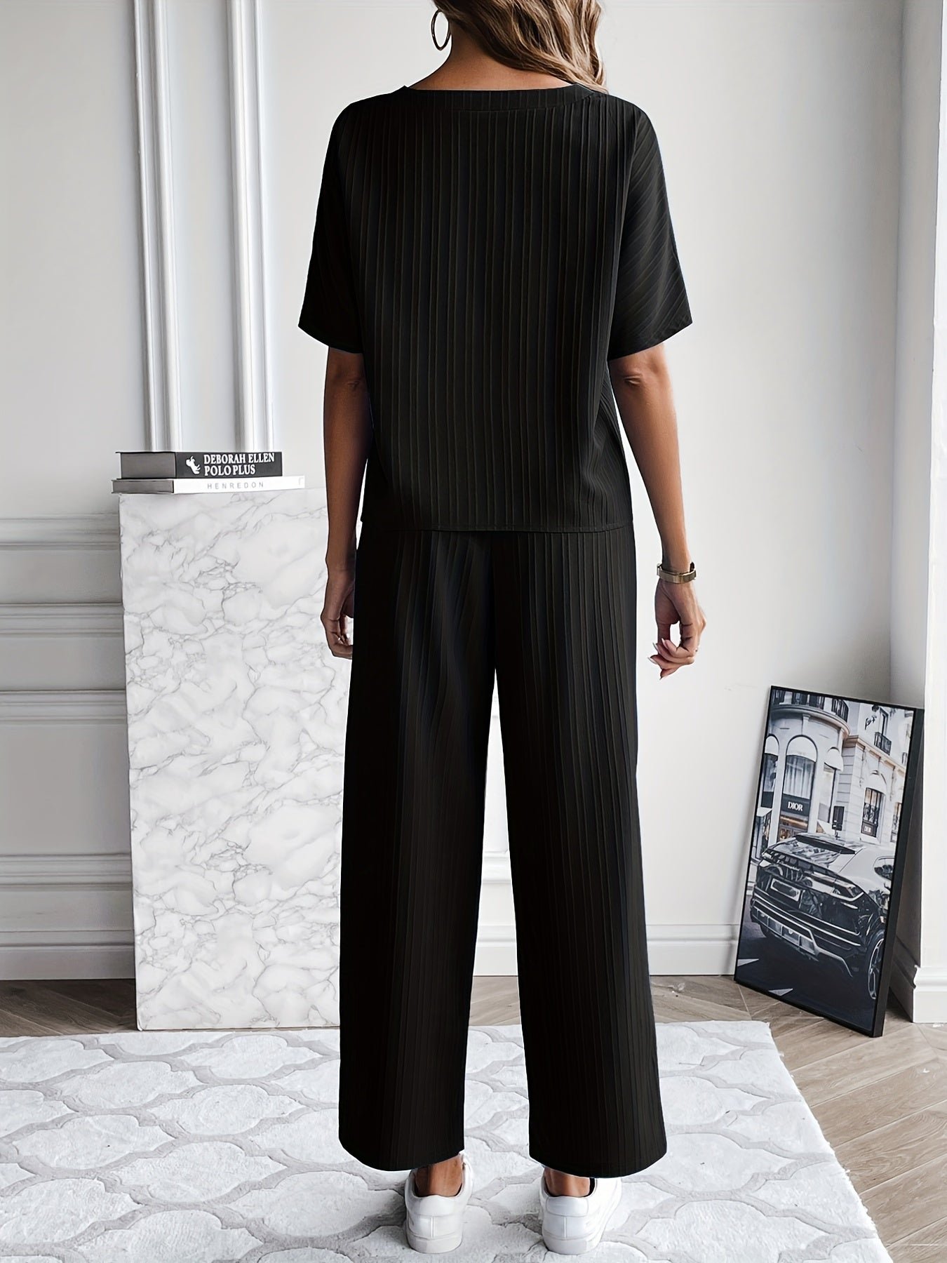Casual Two piece Set Crew Neck Short Sleeve Tops & Drawstring Wide Leg Pants