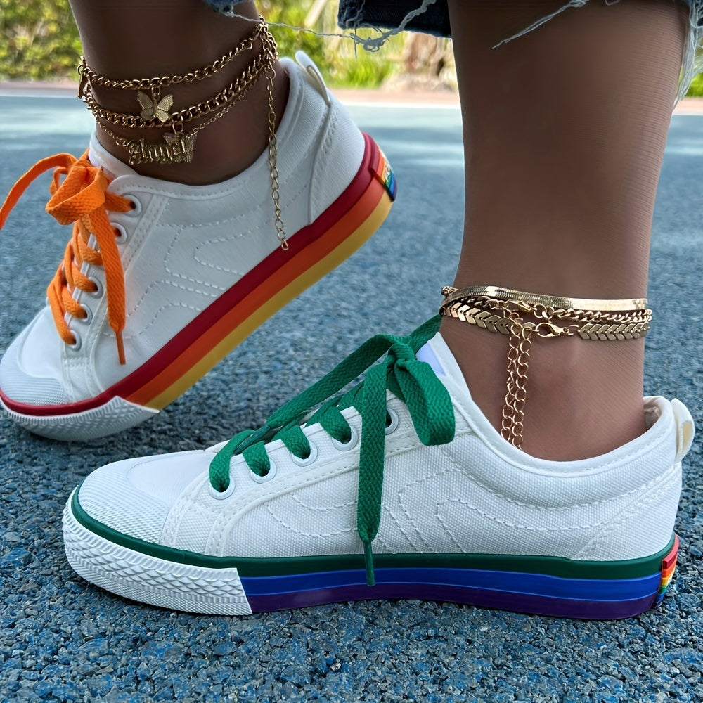 Women's Rainbow Canvas Sneakers Low Top Flat Skate Shoes