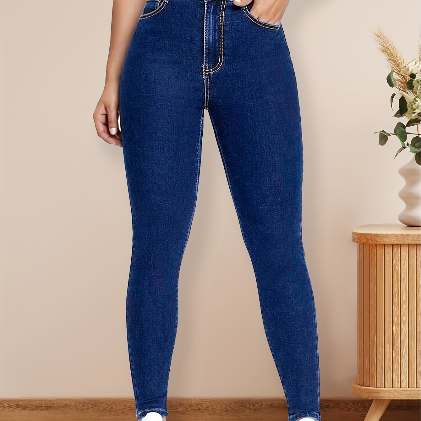 High Rise Skinny Jeans Zipper Button Closure Dark Denim Women's Clothing