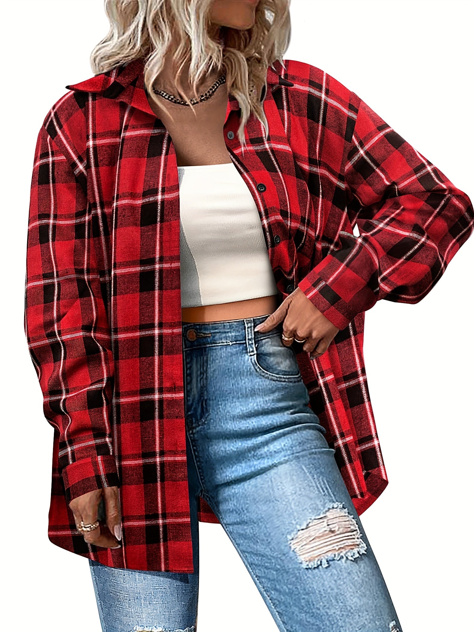 Plaid Print Button Up Long Sleeve Shacket