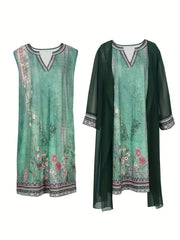 Border Floral Print Notched Neck Tank Dress & Open Front Coat Set