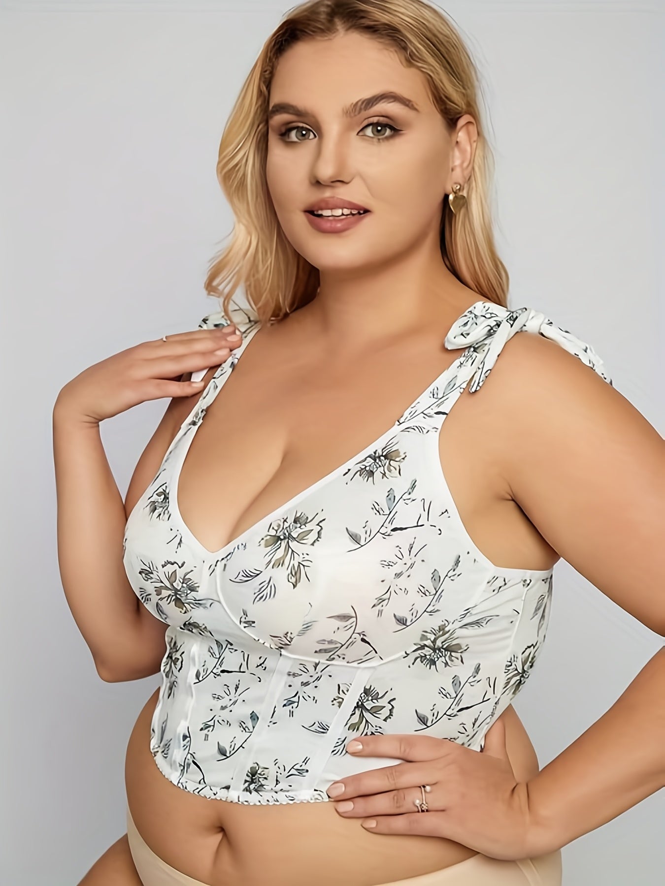 Floral Print Plus Size Sexy Bra Tie Shoulder Strap Plunge Bustier Cami Corset