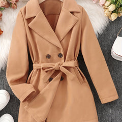 Girls Lapel Neck Windbreaker Jacket Double Breasted Overcoat