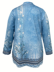 Retro Cardigan Women's Plus Border Floral Print Shawl Collar Cardigan