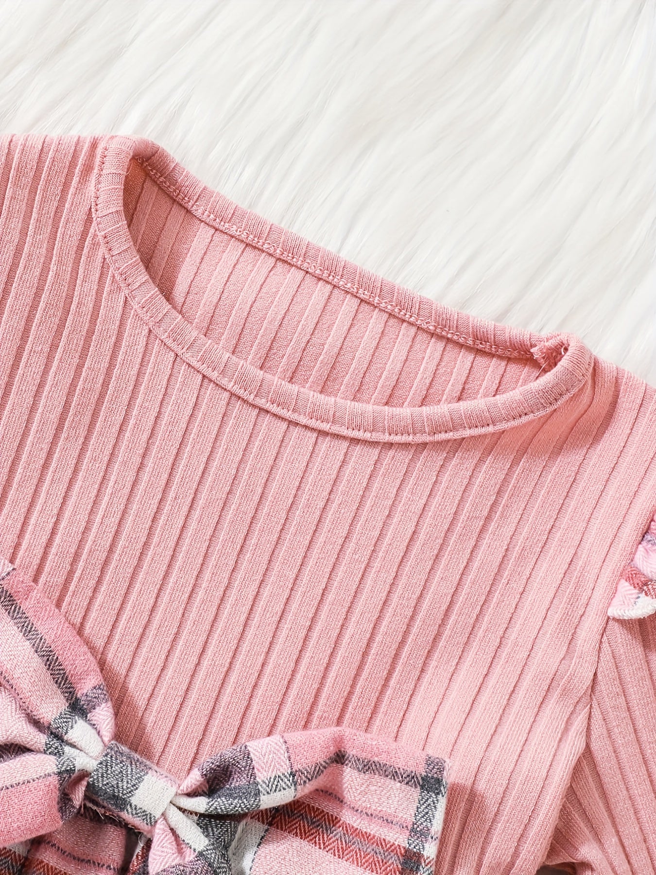 Baby Girls Bow Long Sleeve Plaid Dress Knitted Top Pleated Skirt