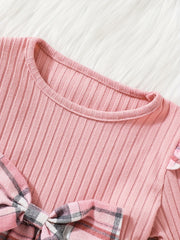 Baby Girls Bow Long Sleeve Plaid Dress Knitted Top Pleated Skirt