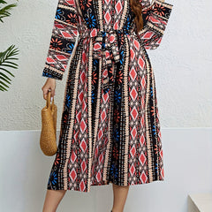 Geometric Print V Neck Dress With Belt