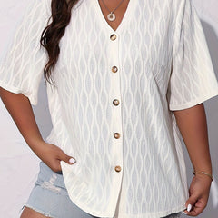 Plus Size Casual Blouse Solid Jacquard Button Up Short Sleeve Notched Neck Top
