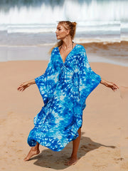 Tie Dye Bat Sleeve V Neck Cover Up Dress