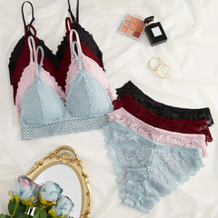 4 Sets Lace Bra & Panties Lingerie - Contrast Design