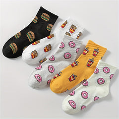 5 Pairs Cartoon Food Print Socks & Funny Mid Tube Socks Women's Stockings