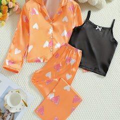 3pcs Heart Pattern Girl's Satin Pajamas Set Top & Cami & Pants