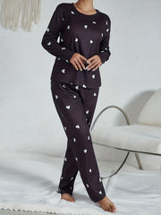 Heart Print Pajama Set Long Sleeve Top & Pants